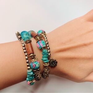 Blue Brown Gold Pink Beaded Gypsy Fashion Bracelet